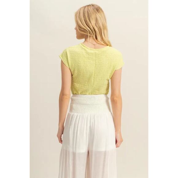 HYFVE Textured Design Round Neckline Cap Sleeves Casual Knit Top | Neon Yellow - Picture 4 of 5